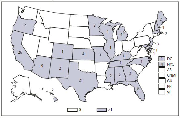 BRUCELLOSIS - This figure is a map of the United States and U.S. territories that presents the number of brucellosis cases in each state and territory in 2010.